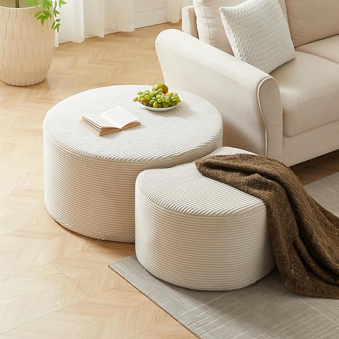 kevinplus 49.7'' Foam Round Nesting Coffee Table Set of 2, Modern Upholstered Side End Table Ottoman Footrest, No Assembly, Beige