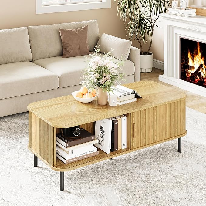Coffee Table with Storage, 47.2" Mid Century Modern Coffee Tables for Living Room, Rectangle Wood Center Table with Sliding Tambour Door & Adjustable Leg for Living Room, Oak