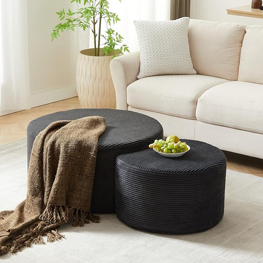 kevinplus 49.7'' Foam Round Nesting Coffee Table Set of 2, Modern Upholstered Side End Table Ottoman Footrest, No Assembly, Black