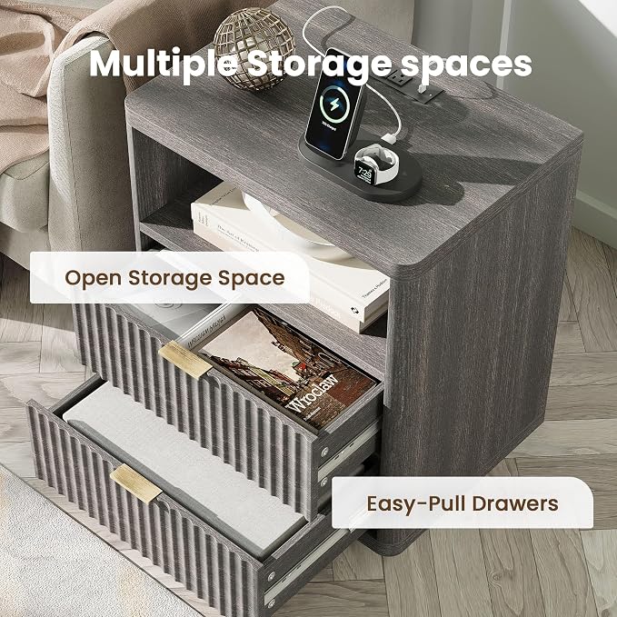 Fluted Nightstand Set of 2 with 2 Drawers Bed Side Table Wide End Table Modern Night Stands with Large Storage Charging Station Mid Century for Bedroom Living Room Office,Gray 2 - Image 5