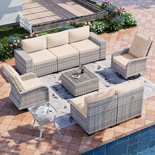 9-Piece Outdoor Patio Furniture Set with Rocking Swivel Chair Wicker Sectional Sofa Set, Patio Conversation Set with Thickened Cushions & Coffee Table for Garden, Backyard, Poolside, Beige