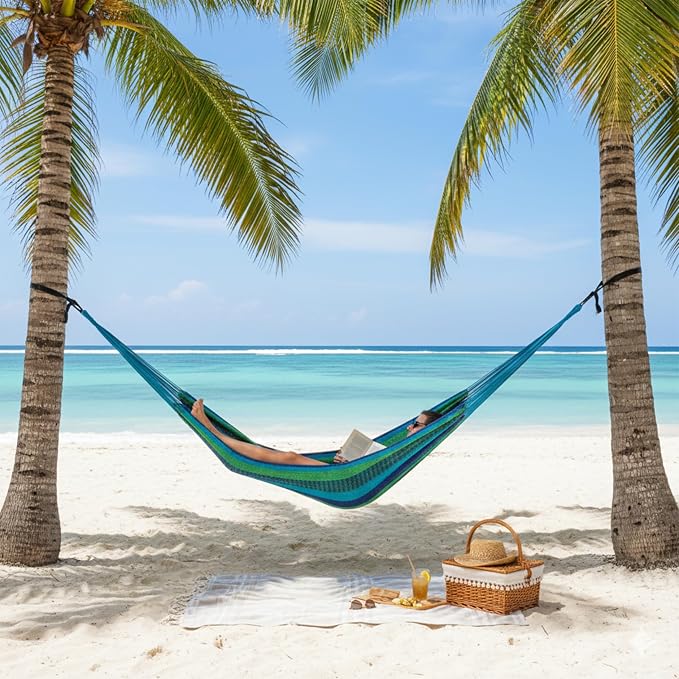 Sunnydaze Handwoven XXL Thick Cord Mayan Double Hammock for Outside - 625-Pound Capacity Heavy-Duty Outdoor Hammock - Tropical Lagoon - Image 9