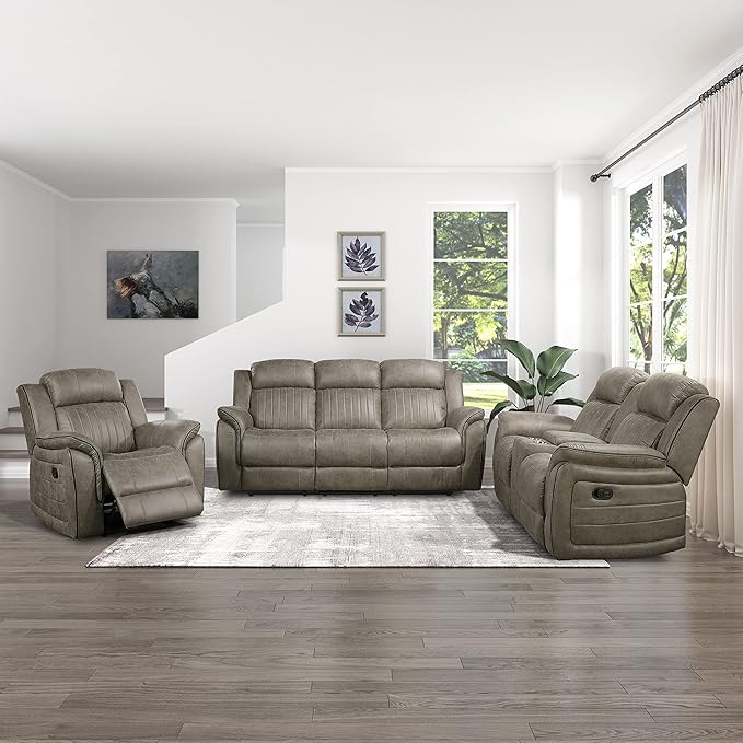 Lexicon Recliner Living Room Set, Home Theater Seating, Manual Polished Microfiber Upholstery Recliner Sofas, RV Couch Including Double Reclining Sofa, Loveseat and Chair, 3-Piece Set, Sandy Brown