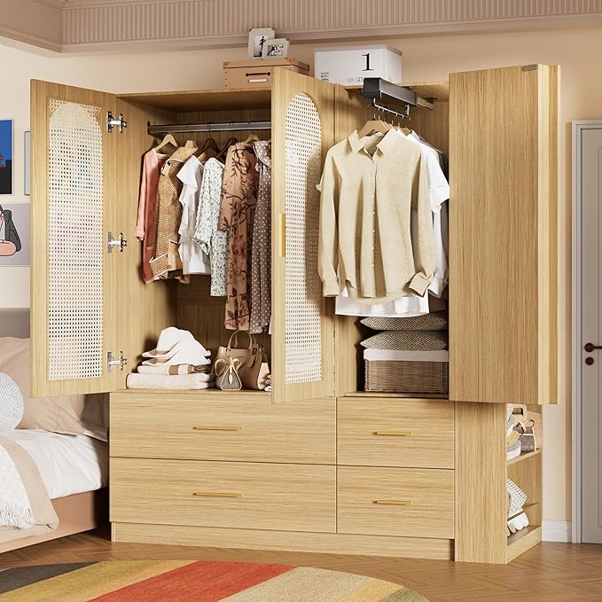 PAKASEPT 3 Doors Armoire Wardrobe Closet with Rattan,71'' Tall Freestanding Wooden Wardrobe Storage Cabinet for Bedroom with Hanging Rod,LED Vanity Mirror,Drawers,Clothes Hook,Open Shelves,Natural