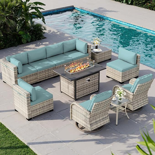 11-Piece Outdoor Patio Furniture Set with Rocking Swivel Chair, Wicker Rattan Sectional Sofa Conversation Set with 55,000 BTU Fire Pit Table, Backyard Furniture, Light Blue