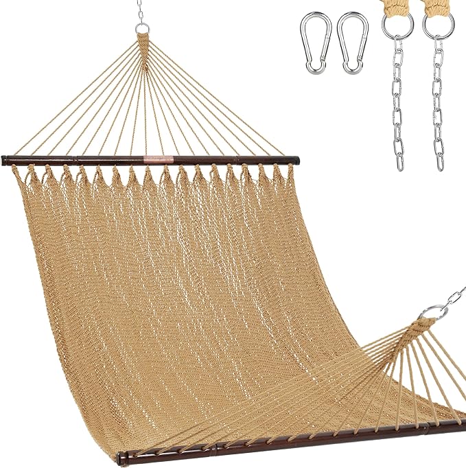 Lazy Daze Hammocks 10.5 FT Double 2 Person Caribbean Rope Hammock, Hand Woven Polyester Hammock with Spreader Bars, for Outside Outdoor Backyard Patio Poolside, 450 LBS Capacity, Tan by LazyDazeHammocks