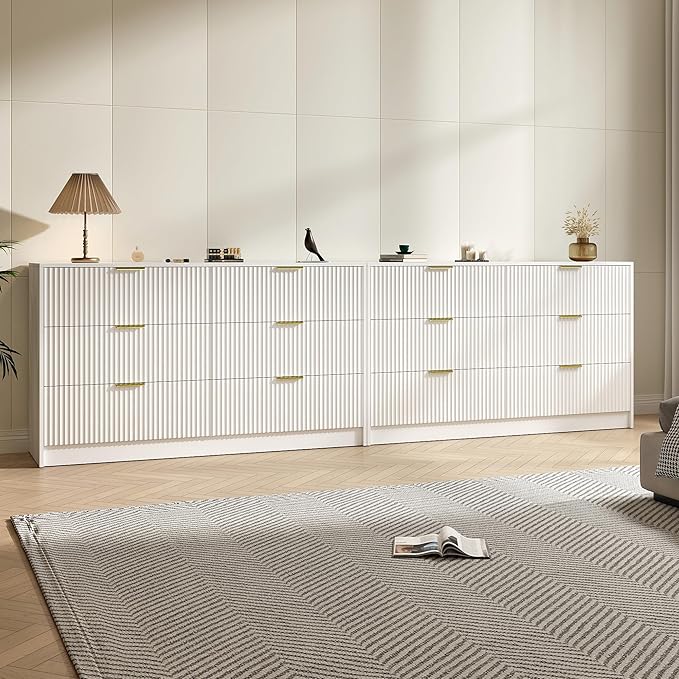 White Dresser Set of 2, Long Dresser for Bedroom Wooden with 12 Drawers, Fluted Modern Bedroom Furniture Set, TV Stand Dressers & Chests of Drawers for Closet (15.7"D x 110.2"W x 31.8"H)