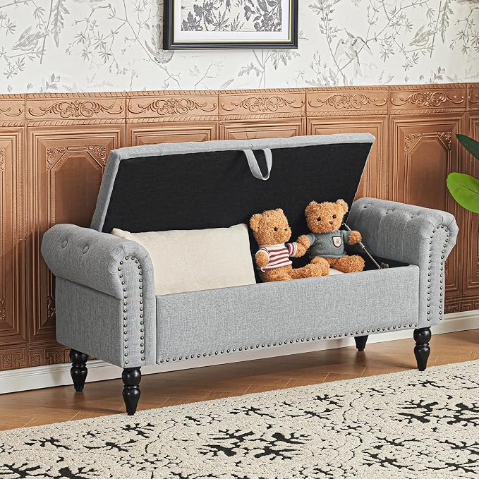 Furniliving 51” Bedroom Bench, End of Bed Bench with Button-Tufted Large Upholstered Storage Bench Ottoman Linen Window Benches with Storage Shoe Cabinet, for Bedroom, Entryway, Closet, Grey - Image 9