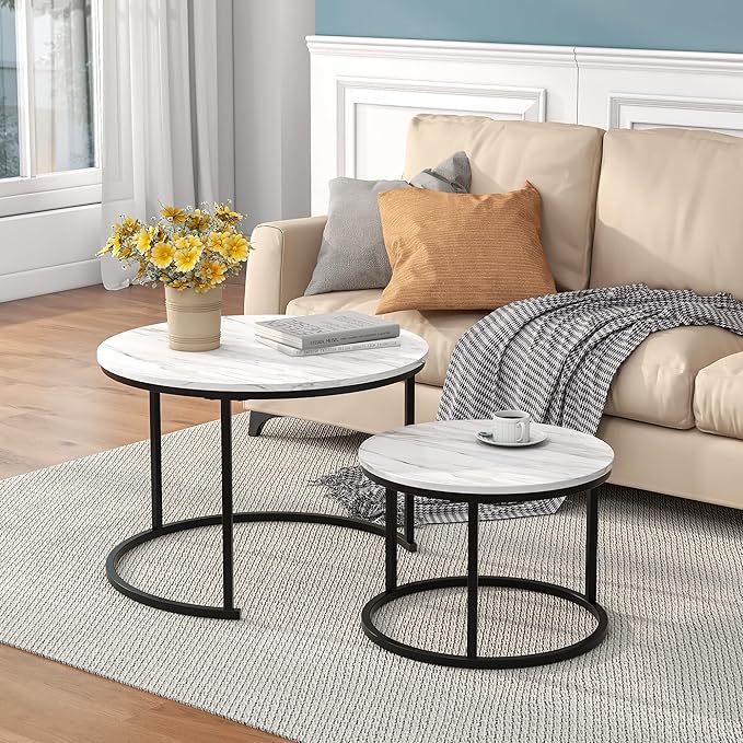HOJINLINERO Round Coffee Table,Nesting Coffee Table Set of 2,Center Tables for Living Room,Office, Home Small Space,Stacking Side Tables,Sturdy and Easy Assembly,Wood Desktop,Black+White,Large