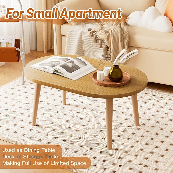 Coffee Table Low Table with Solid Wood Legs, Small Oval Coffee Table Side Table, Floor Table Desk for Sitting on The Floor, Storage and Living Room Furniture for Office Apartment Home, Natural