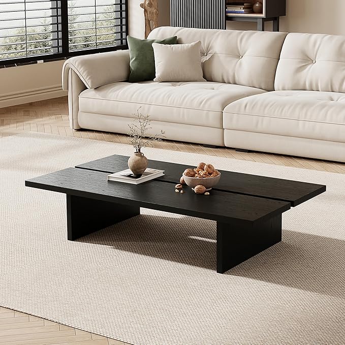 47.2" Modern Coffee Table for Living Room, Black Coffee Table Wood Living Room Table Rectangular Center Table Tea Table for Home Office