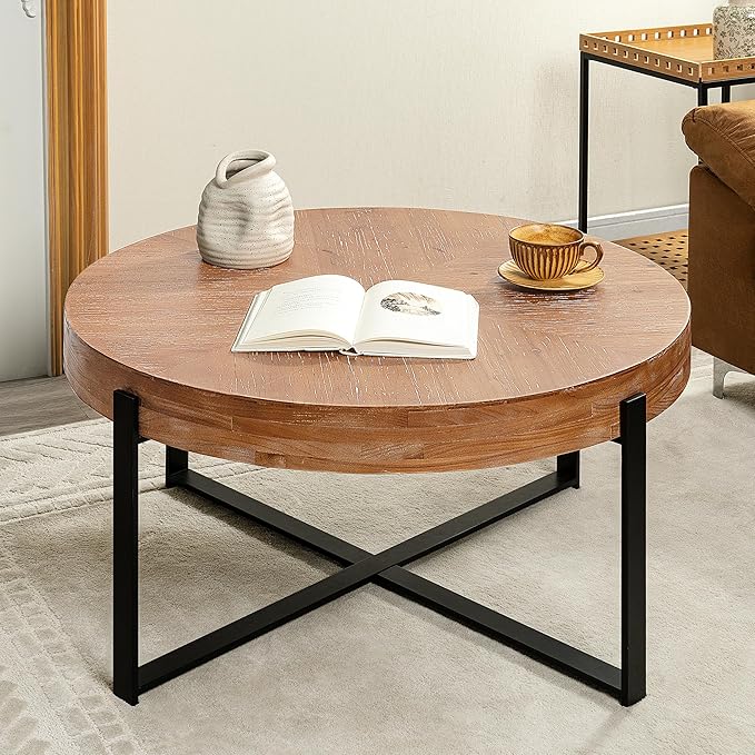 33.86" Round Coffee Table with X-Shaped Black Metal Legs, Solid Wood Circle Table for Living Room, Retro Circular Table, Natural+Black