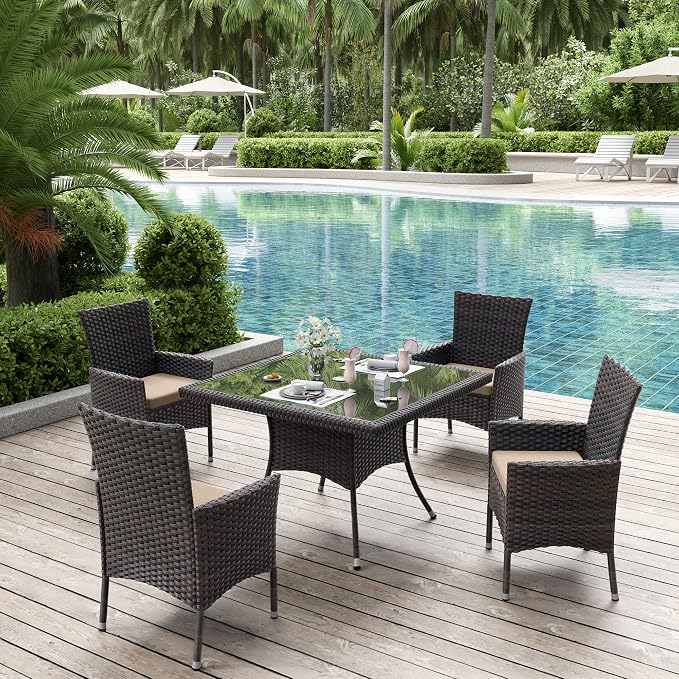 ALAULM 5 Piece Patio Dining Set All-Weather Wicker Outdoor Furniture Set w/Tempered Glass Tabletop, Removable Cushions and Umbrella Hole for Patio, Backyard, Garden, Poolside（Brown） - Image 3
