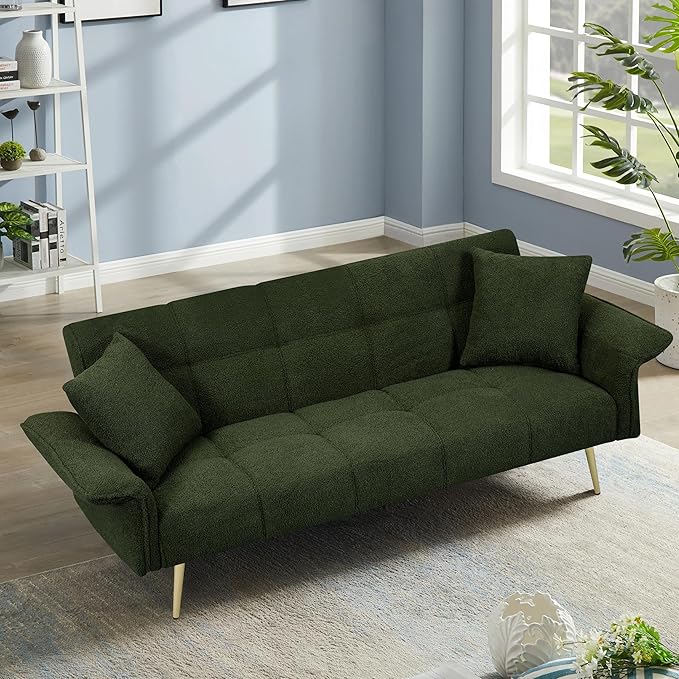 70 inch Upholstered Teddy Fleece Sofabed with Adjustable Arms and Backrest,Modern Convertible Futon Couch W/Metal Legs & Pillows,Love Sofa for Living Room,Bedroom,Apartment,Green, 70"