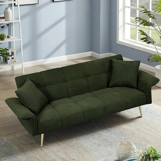 70 inch Upholstered Teddy Fleece Sofabed with Adjustable Arms and Backrest,Modern Convertible Futon Couch W/Metal Legs & Pillows,Love Sofa for Living Room,Bedroom,Apartment,Green, 70"