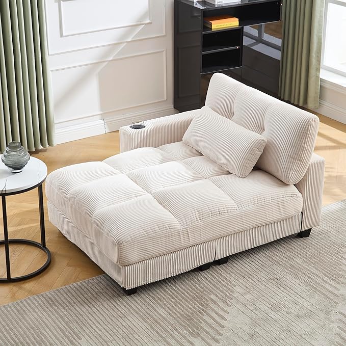 Oversized Lounge Chaise Convertible Sleeper Sofabed, Corduroy Sleeper Daybed Indoor Recliner Chair Sofa Bed with Cupholders and Adjustable Headrests for Living Room Bedroom Reading Home Apartment