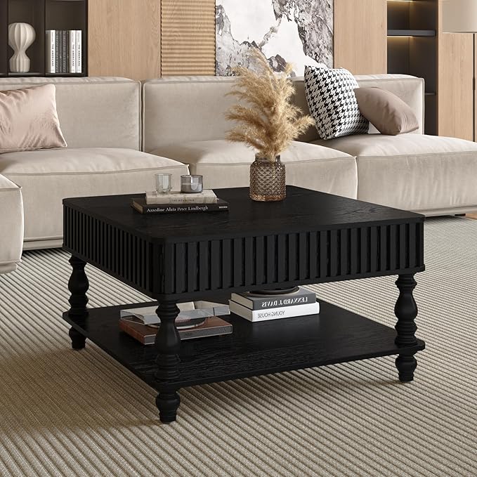 31.5" Square Lift Top Coffee Table with Storage Modern Fluted Coffee Tables with Lifting Top, Farmhouse Solid Wood Center Table with Table Legs for Living Room, Apartment or Office (Black)