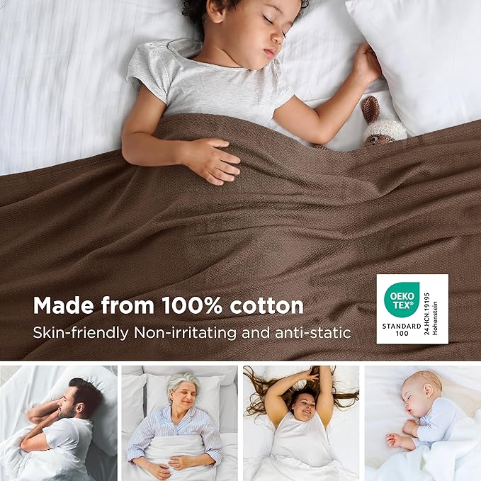 Bedsure GentleSoft 100% Cotton Blanket Queen Size for Bed - Breathable and Lightweight, Soft Cozy Textured Herringbone Woven Blanket for Summer, Brown, 90x90 inches