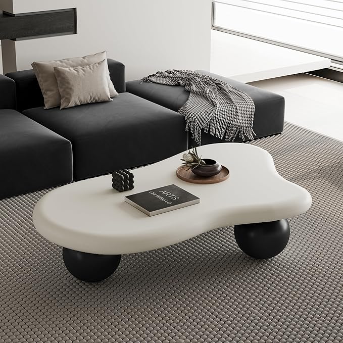 47" Cloud Coffee Table for Living Room Irregular Coffee Table Modern Low Coffee Tables Cute Small Center Table with 3 Ball Legs for Small Space Apartment White & Black