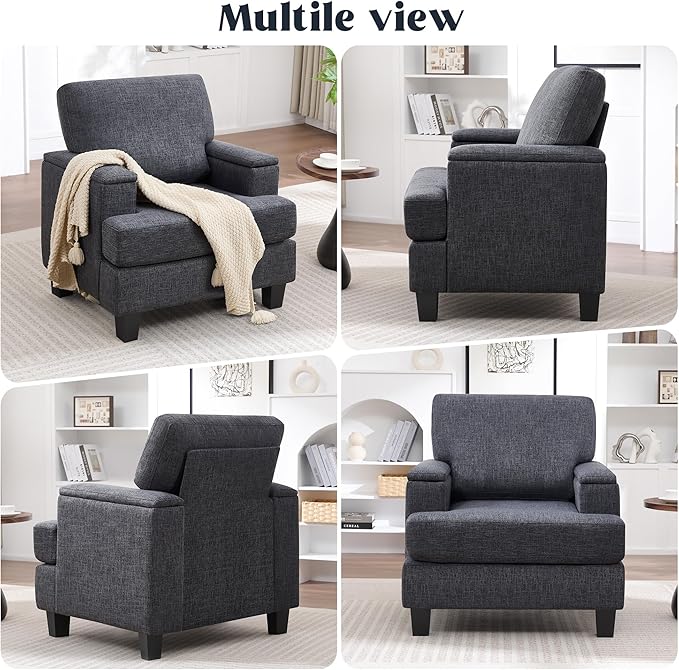 Accent Chairs Set of 2 with Armrest Storage, Modern Upholstered Reading Living Room Chairs, Comfy Large Armchairs, Fabric Single Sofa Chair for Bedroom (Dark Grey)