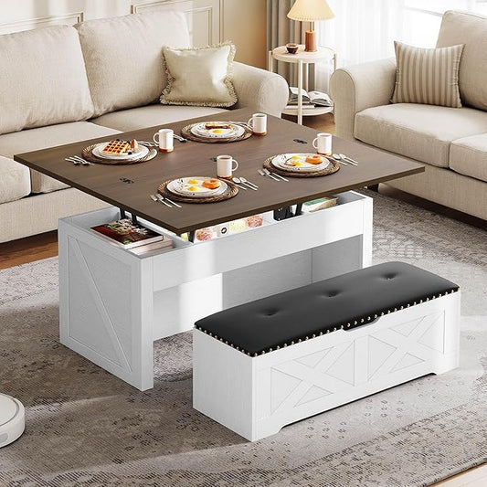 YITAHOME Lift Top Coffee Table Set with Storage Ottoman Bench & Wheels, 4 in 1 Convertible Dinning Center Tables with Hidden Compartment, Farmhouse Coffee Tables for Living Room Furniture, Brown Top