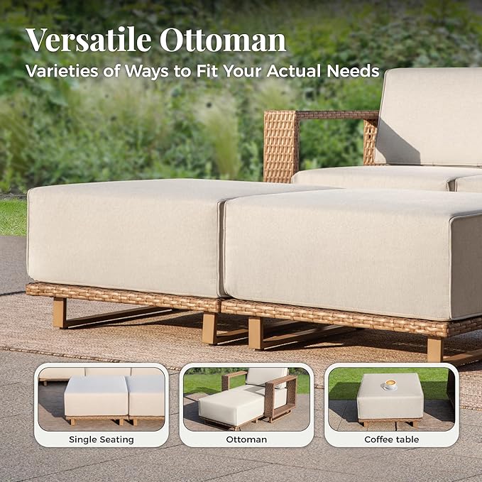 4 Pcs Outdoor Patio Furniture Set, Outdoor Wicker Modular Sofa Couch, 2 Rattan Single Sofa, 2 Ottomans with 10" Extra Thick Cushions