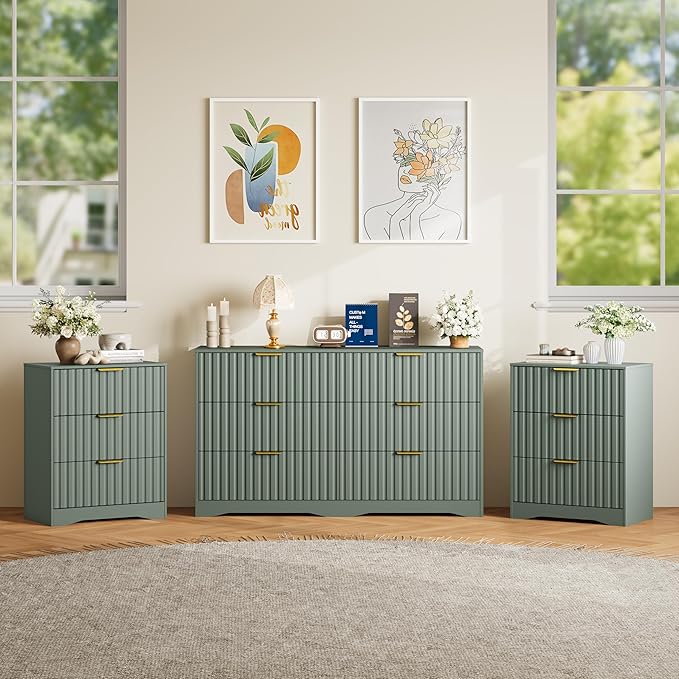 6 Drawer Dresser and Nightstand Sets for Bedroom, Modern Fluted 3 Pcs Bedroom Dresser Furniture Sets, Wood Chest of Drawers and Nightstand Set of 2 with Metal Handles, Green
