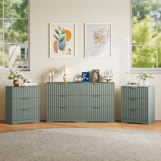 6 Drawer Dresser and Nightstand Sets for Bedroom, Modern Fluted 3 Pcs Bedroom Dresser Furniture Sets, Wood Chest of Drawers and Nightstand Set of 2 with Metal Handles, Green