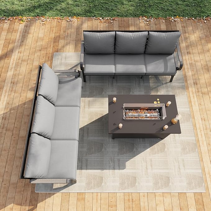 3 Pieces Patio Conversation Sets, All Weather Metal Outdoor Furniture Set 2 Three-Seater Sofas with Fire Pit Table for Backyard Garden Deck Porch Poolside, Gray