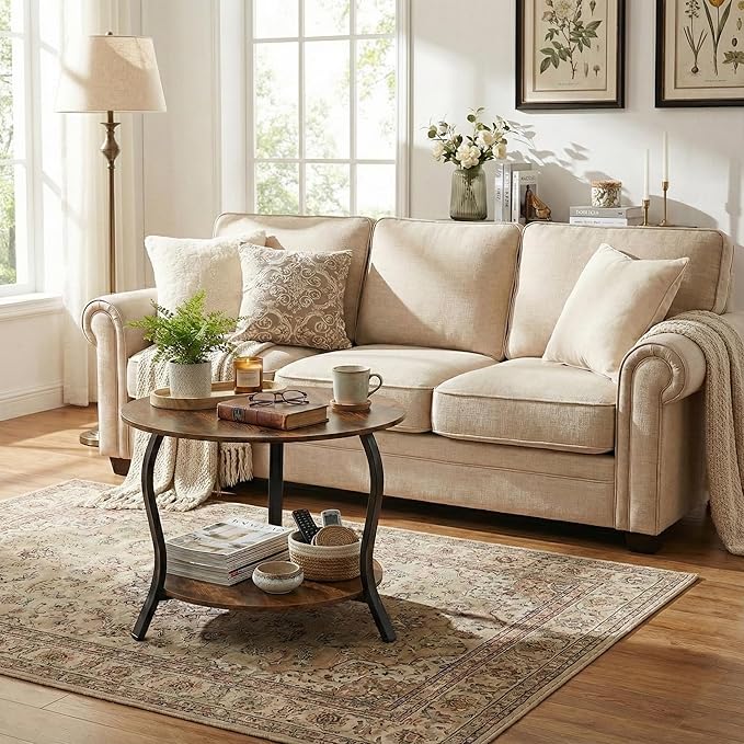 Small Round Coffee Table with Open Storage,23" 2-Tier Coffee Side Tables for Small Space, Accent Center Table Circle Sofa End Table with Wooden Table Top for Living Room Bedroom (Rustic Brown)