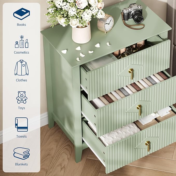 GarveeHome 2Pcs Wood Nightstand Fluted Dresser for Bedroom, 27.5" Wide 3-Drawer Bedside Tables, Modern Chest of Drawers, Storage End Table Living Room, Hallway, Entryway, Green - Image 4