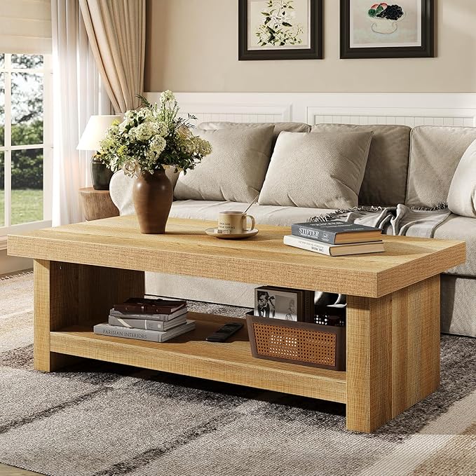 47-Inch Rectangle Coffee Table, Wood Rectangular Center Tables, Farmhouse Low Cocktail Tea Table for Living Room, Thick Base/Easy Assembly, Natural