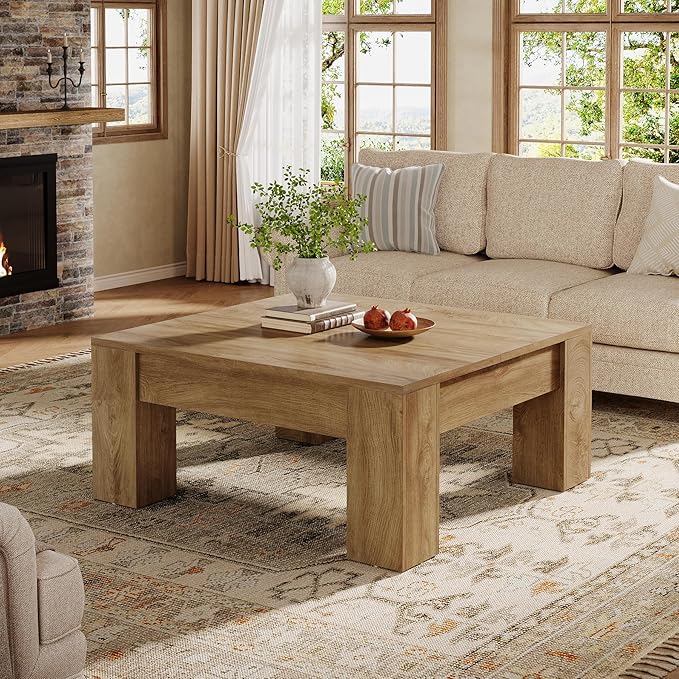 Tribesigns Farmhouse Square Coffee Table, 39-Inch Wooden Coffee Table with Sturdy Legs, Rustic Accent Center Table for Living Room, Easy Assembly, Light Brown