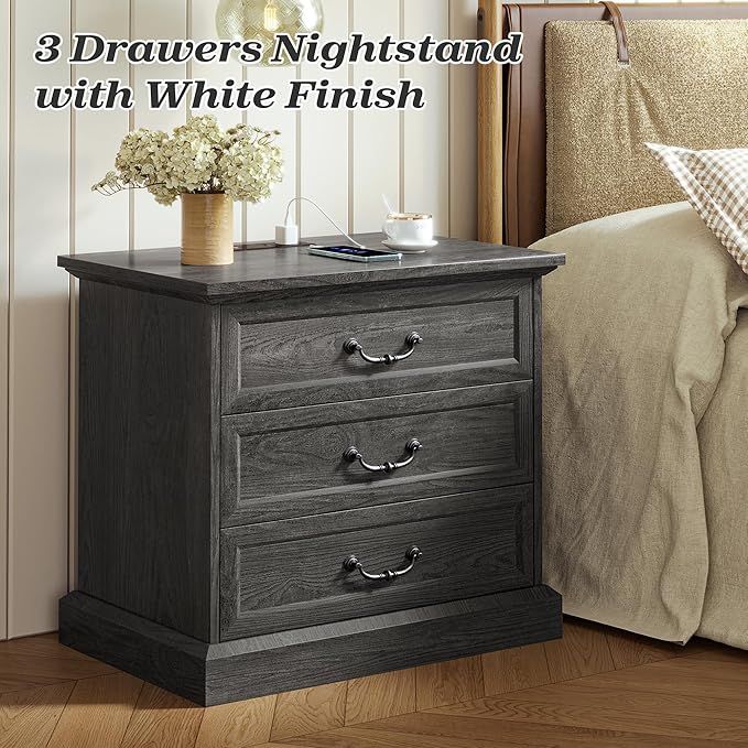 Huuger Nightstand with Charging Station, 3 Drawer Night Stand, 22 Inch Wider Side Table with Storage, Farmhouse Nightstand with Vintage Handles, Thicken Base, for Bedroom, Black - Image 3