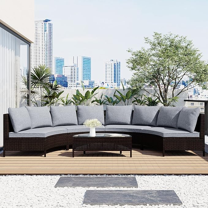 Merax Patio Conversation Set, 5 Pieces All-Weather PE Rattan Wicker Sofa Set, Half-Moon Outdoor Patio Sectional Sofa Set with Tempered Glass Table, Gray