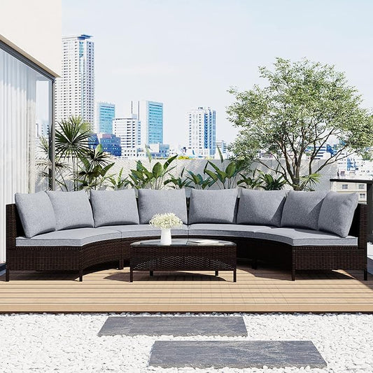 Merax Patio Conversation Set, 5 Pieces All-Weather PE Rattan Wicker Sofa Set, Half-Moon Outdoor Patio Sectional Sofa Set with Tempered Glass Table, Gray