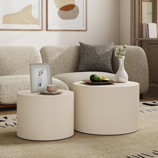 Round Coffee Table Set of 2, Modern Wooden Beige Nesting Tables for Living Room, No Assembly Required Circle Side Tables Set Accent End Table for Bedroom, Balcony