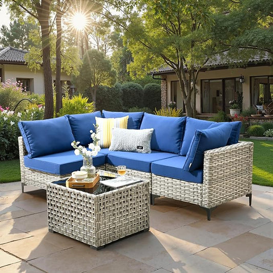5 Piece Outdoor Patio Furniture with Glowing Coffee Table, Rattan Wicker Conversation Set with Sofa, Sectional Single Chairs for Outside Porch Balcony Backyard Pool,Blue