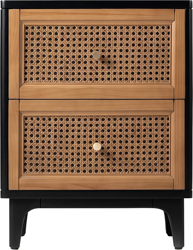 COZAYH 2 Drawer Bedroom Nightstand, Boho Farmhouse Bedside Table - Accent Table Stand with Drawer Organizer Storage and Weave Pattern Front, Black by COZAYH