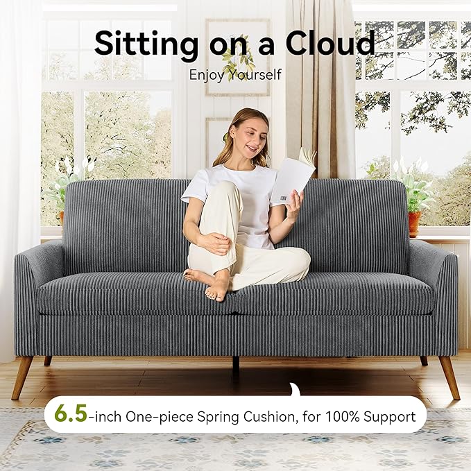 68" Loveseat Sofa, Comfy Grey Corduroy Couches for Living Room, Mid Century Modern Love Seat Sofa, Tool-Free Setup Small Couches for Bedroom Office