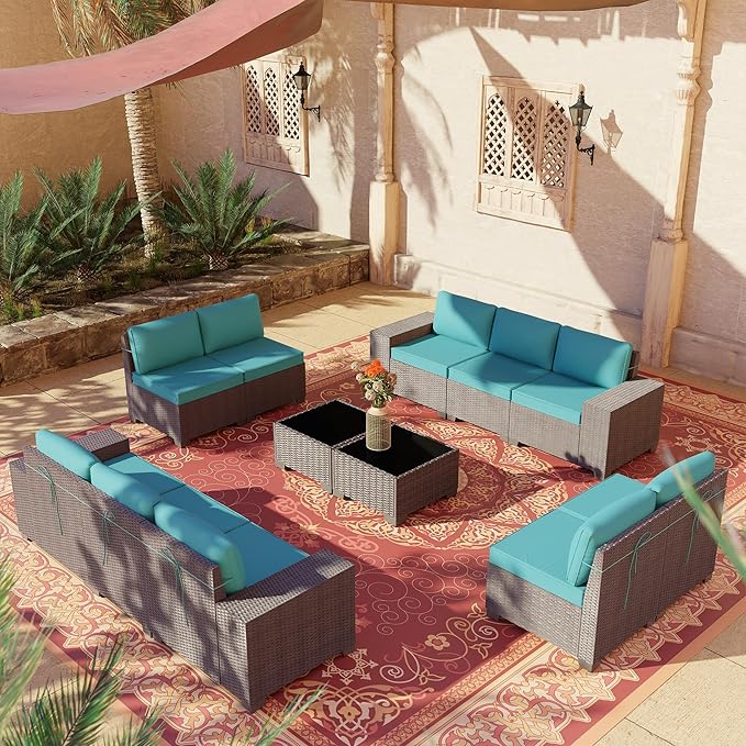 12 PCS Outdoor Patio Furniture Set,Outdoor Sectional Furniture All Weather PE Rattan Wicker Patio Conversation Set with 2 Coffee Tables and 10 Thickened Cushions,Turquoise Blue