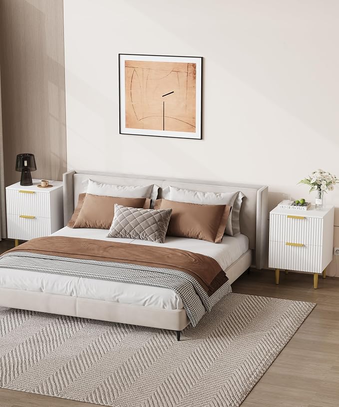 Akxomel White Nightstand Set of 2, Fluted Night Stand with Charging Station, 13.8" D x 15" W x 23.2" H, 2 Drawers Modern Bedside Table with USB Ports and Outlets, Golden Side Table for Bedroom - Image 5