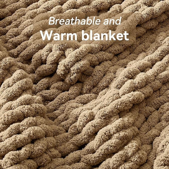 Negwoo Chunky Knit Throw Blanket, 30''*40'' Knitted Throw Chenille Yarn for Bed Couch, Handmade Light Brown Crochet Big Thick Blanket, Machine Washable Cute Comfy Blanket for Home Decor