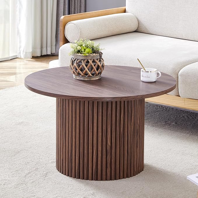 JUFU Round Coffee Table with Storage, 27.5IN Minimalist Fluted Coffee Table Circle Wood Center Table for Living Room (Walnut Coffee Table)