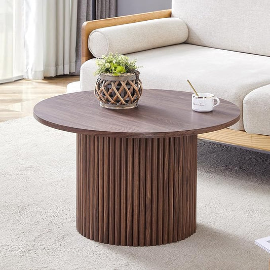 JUFU Round Coffee Table with Storage, 27.5IN Minimalist Fluted Coffee Table Circle Wood Center Table for Living Room (Walnut Coffee Table)