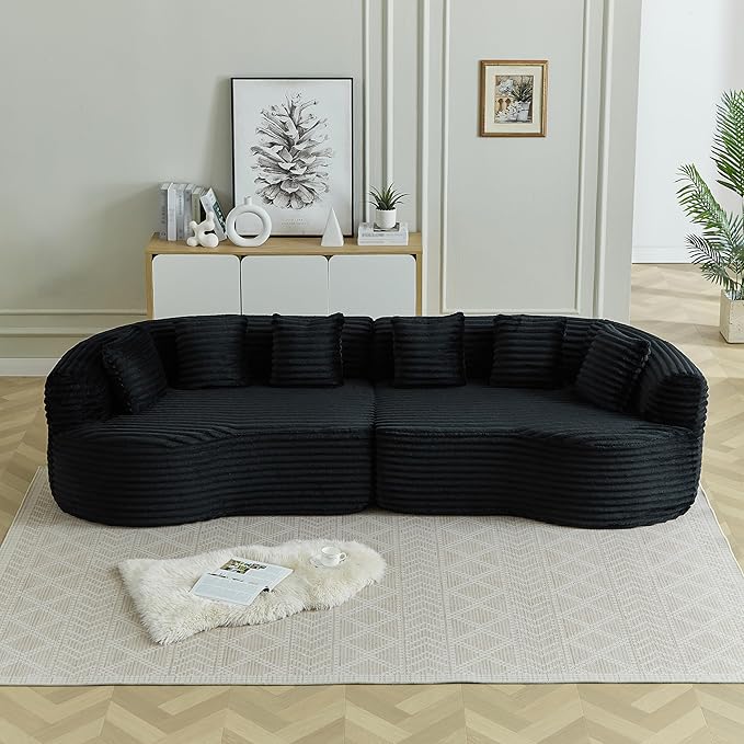 106-Inch Curved Boneless Sofa Couches Compressed 4-Seat Foam Couch for Living Room Bedroom, Boneless Modular Cloud Sofa Curved Floor Couch with 6 Pillows, No Assembly