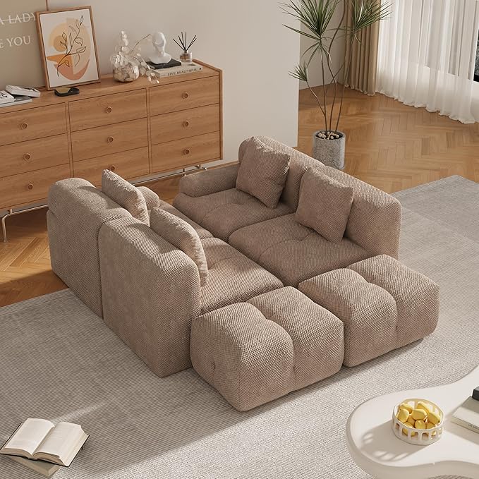 135" U-Shaped Compressed Sectional Cloud Sofa, Flannel Upholstered Modular Tufted Sofa with 6 Pieces, Symmetrical Boneless Foam Modular Cloud Couches for Living Room