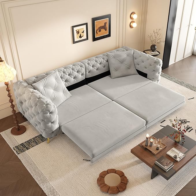 Ball & Cast 3-in-1 Convertible Sleeper Sofa with Movable Ottoman,97.7" Velvet Pull Out Sofa Bed, Modern Button Tufted 4-Seater Sofa Couch with Deep Seat for Living Room, Apartment,Office,Light Grey