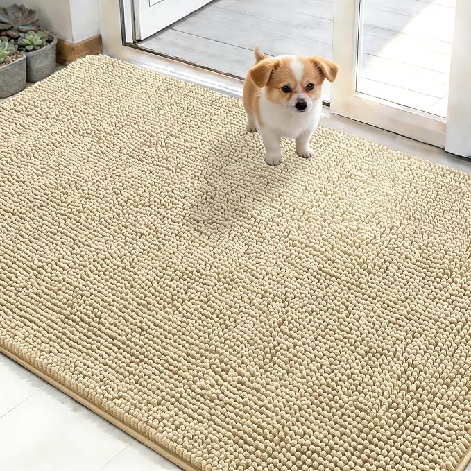 OLANLY Dog Door Mat for Muddy Paws 50x30, Absorbs Moisture and Dirt, Absorbent Non-Slip Washable Doormat, Quick Dry Chenille Mud Mat for Dogs, Entry Indoor Entryway Carpet for Inside Floor, Sand by OLANLY
