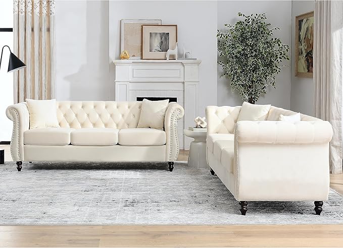KEIKI Chesterfield Sofa, Retro Style Upholstered 3+3 Seats Velvet Couch with Rolled Arm for Living Room Bedroom Office, Beige